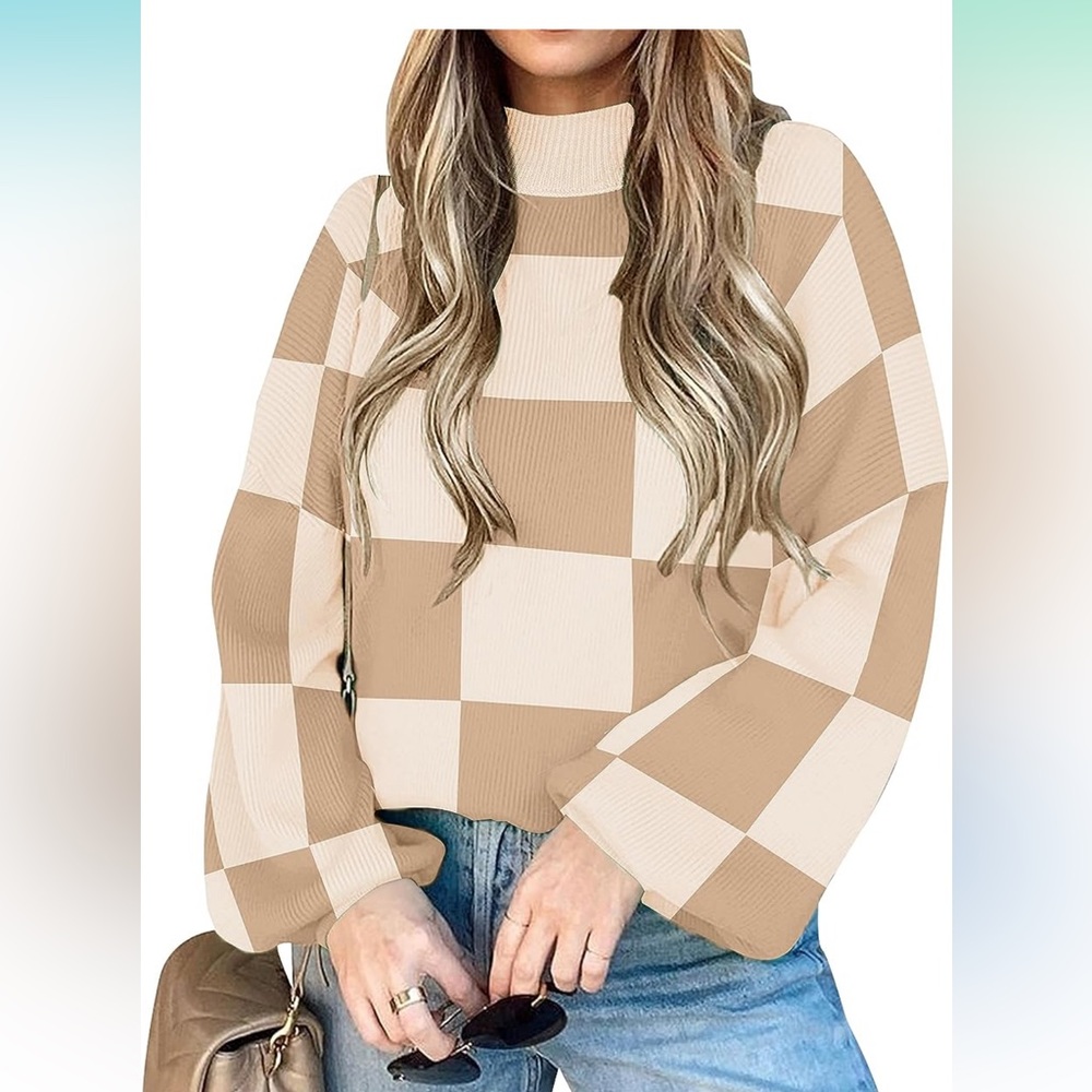 Turtleneck Long Lantern Sleeve Oversized Ribbed Knit Pullover Sweater JumperTop - Picture 2 of 5